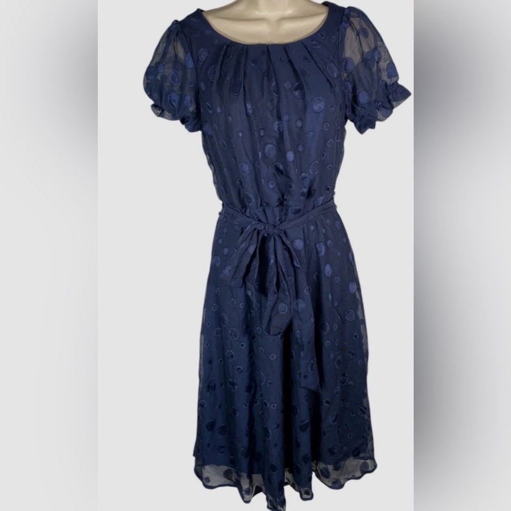 NY Collection Women's Blue Swiss Dot Self Tie Dress (00020)